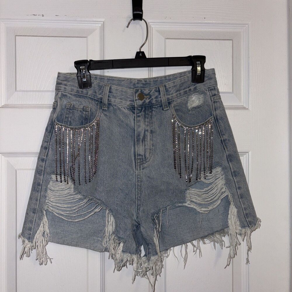 Cider Rhinestone Light Blue Women's Festival Concert Date Nite Jean Shorts, sz M